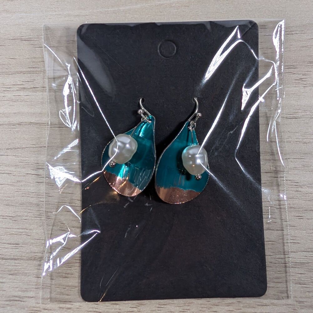 Teal Copper Teardrop Dangle Earrings Faux Pearl Boho Fashion Jewelry